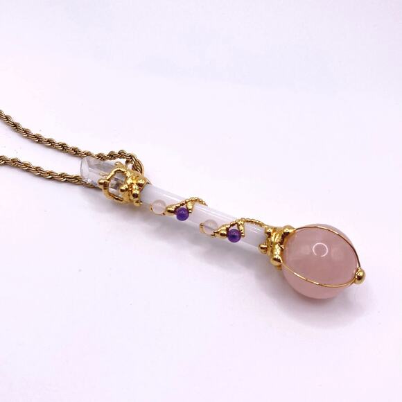 Gems Crystals Pendant Wand 3” Rose and Angel Quartz on Vntg Gold Filled Chain - Picture 3 of 7
